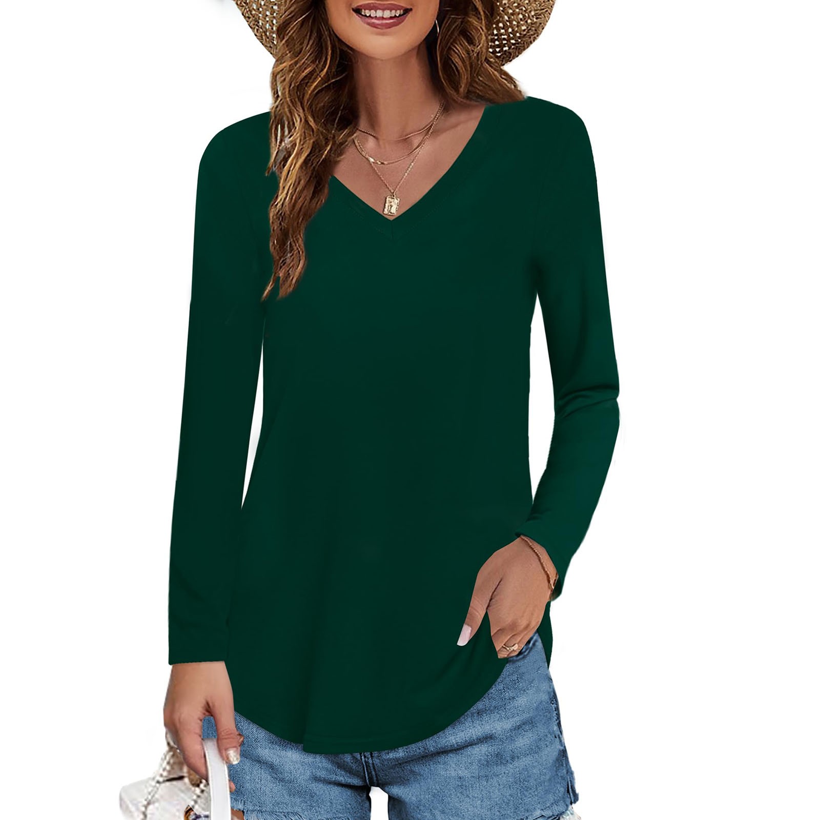 thumbnail image 2 of Top túnica de manga larga con cuello en V para mujer - Blusa holgada e informal - Ideal para casa, playa o vacaciones, 2 of 5